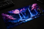 Moonfall Sakura Premium Desk Pad – Japanese Waterfall Nightscape