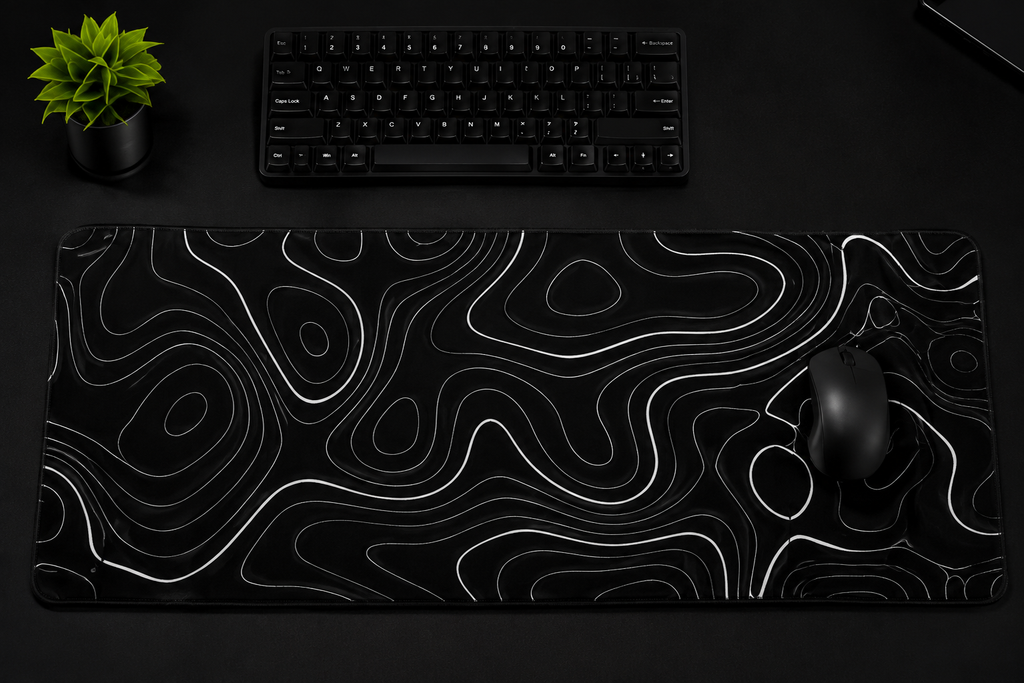 Midnight Contours Extended Desk Pad – Black & White Topographic Design