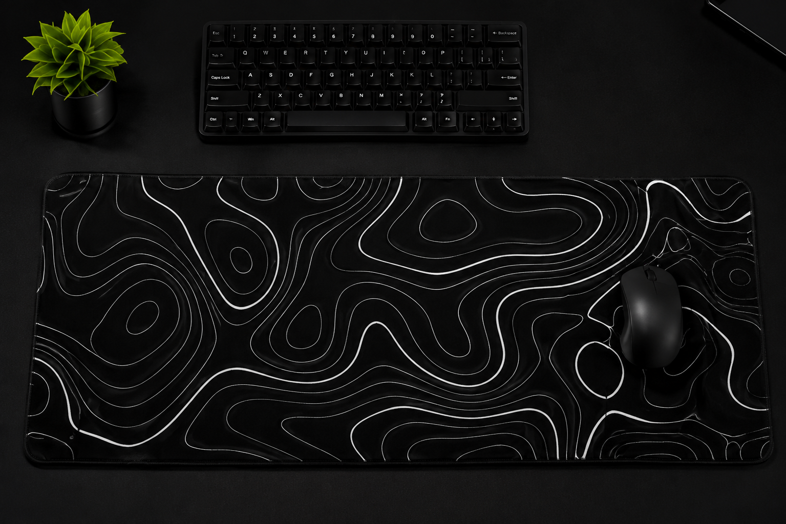 Midnight Contours Extended Desk Pad – Black & White Topographic Design