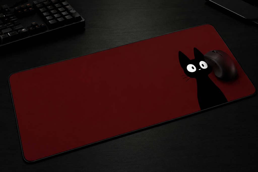 Midnight Neko Anime Desk Pad – Minimalist Black Cat Extended Mouse Pad