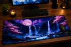 Moonfall Sakura Premium Desk Pad – Japanese Waterfall Nightscape