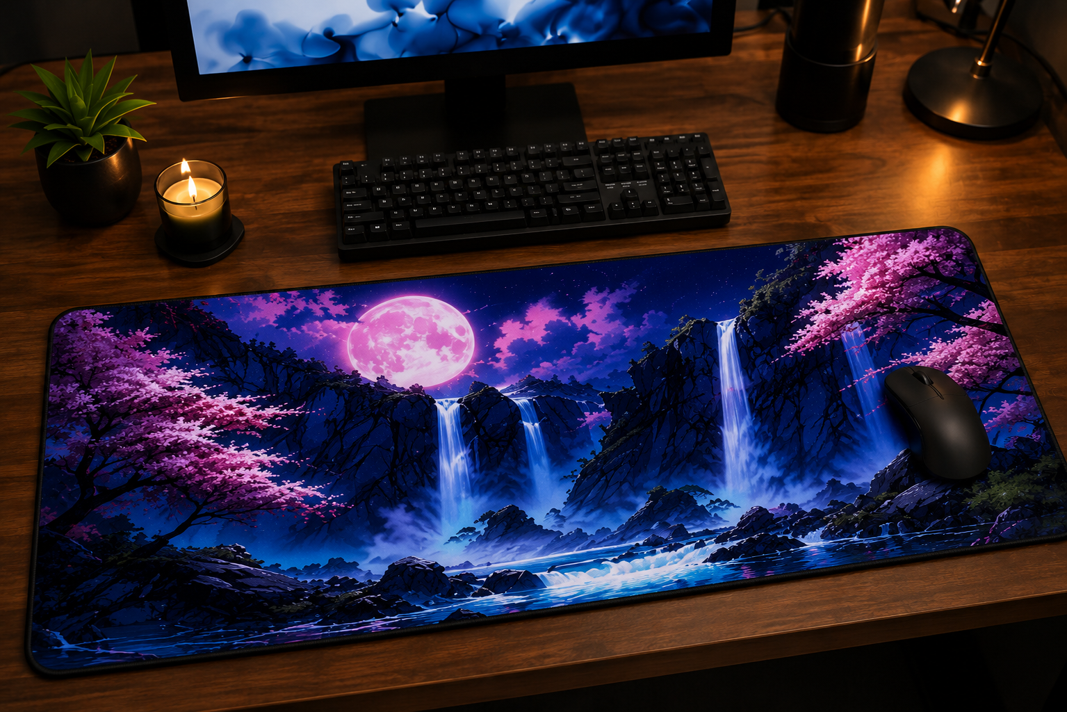 Moonfall Sakura Premium Desk Pad – Japanese Waterfall Nightscape