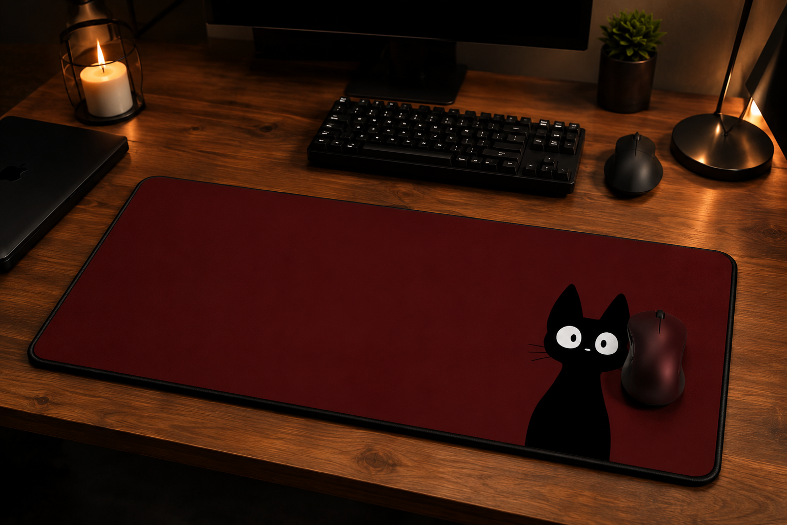 Midnight Neko Anime Desk Pad – Minimalist Black Cat Extended Mouse Pad