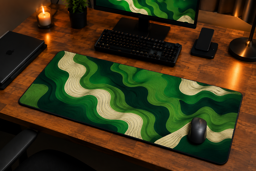 AERVIAN Emerald Contours Premium Extended Desk Pad – Abstract Topographic Wave Design