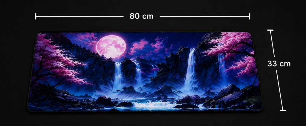 Moonfall Sakura Premium Desk Pad – Japanese Waterfall Nightscape