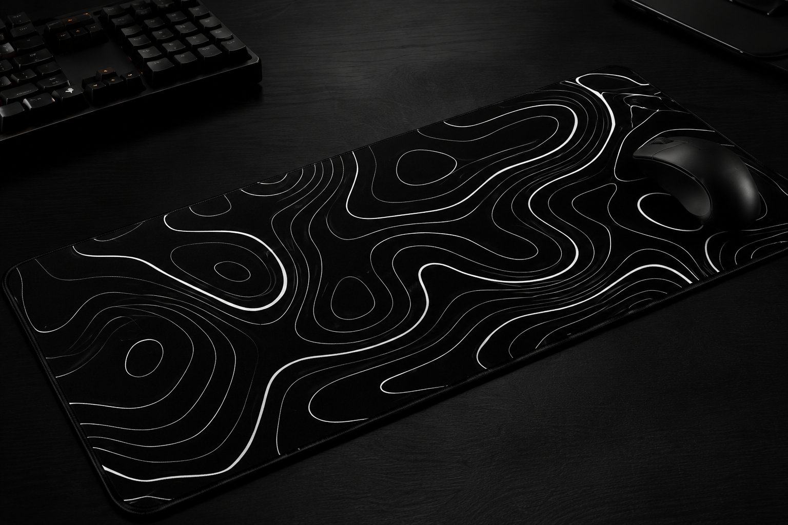 Midnight Contours Extended Desk Pad – Black & White Topographic Design