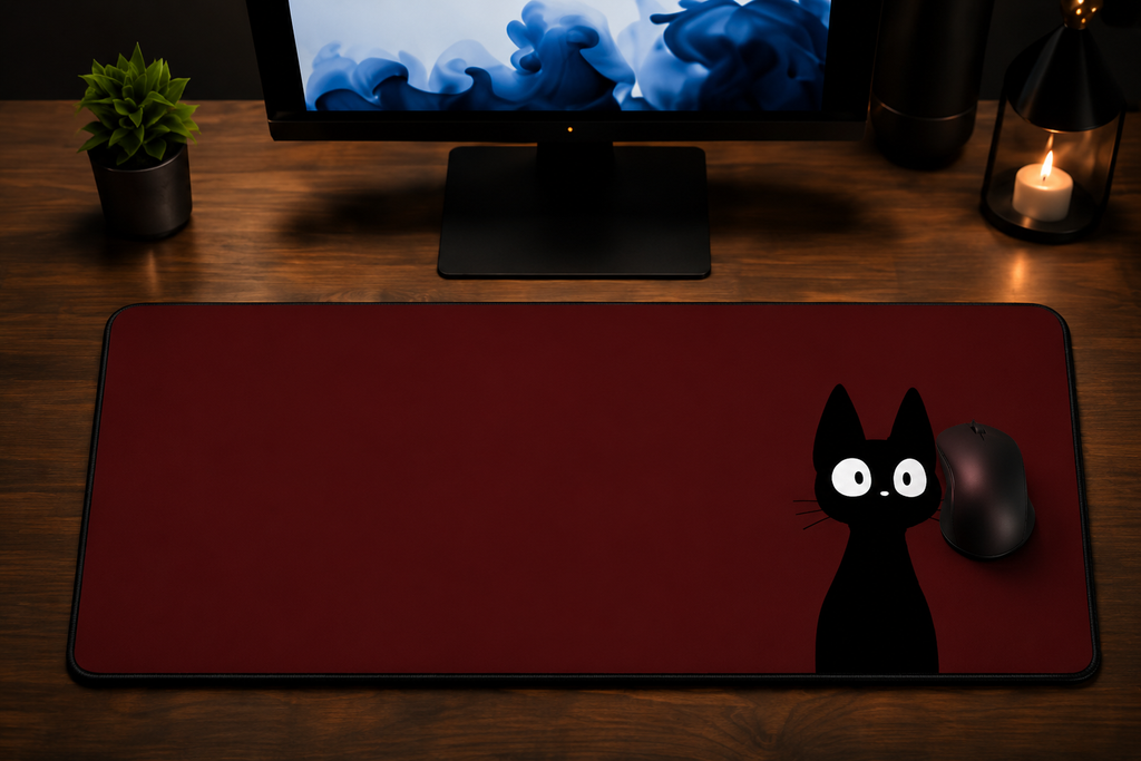 Midnight Neko Anime Desk Pad – Minimalist Black Cat Extended Mouse Pad