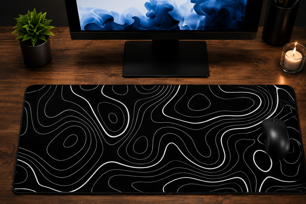 Midnight Contours Extended Desk Pad – Black & White Topographic Design