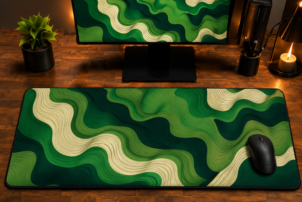 AERVIAN Emerald Contours Premium Extended Desk Pad – Abstract Topographic Wave Design