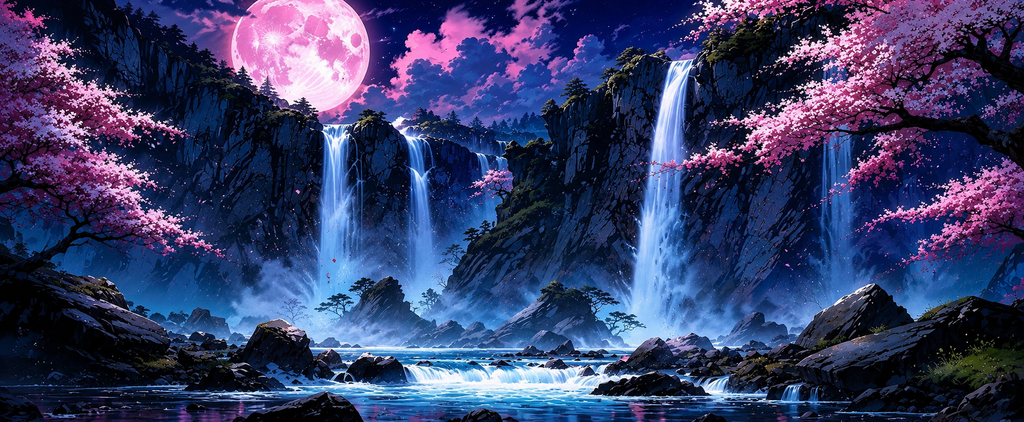 Moonfall Sakura Premium Desk Pad – Japanese Waterfall Nightscape