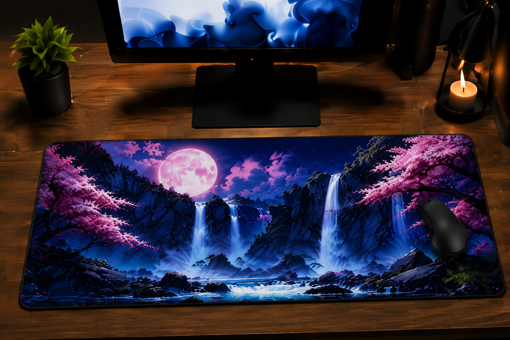 Moonfall Sakura Premium Desk Pad – Japanese Waterfall Nightscape
