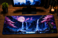 Moonfall Sakura Premium Desk Pad – Japanese Waterfall Nightscape